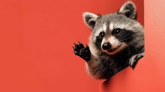 Curious Raccoon Peeking Out of Red Wall Corner Waving Hello