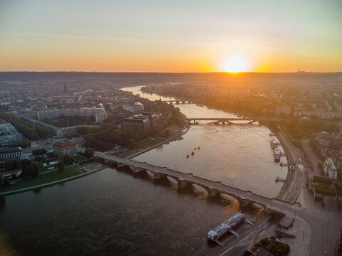 Aerial view of the bridges over the Elbe River in Dresden at sunset