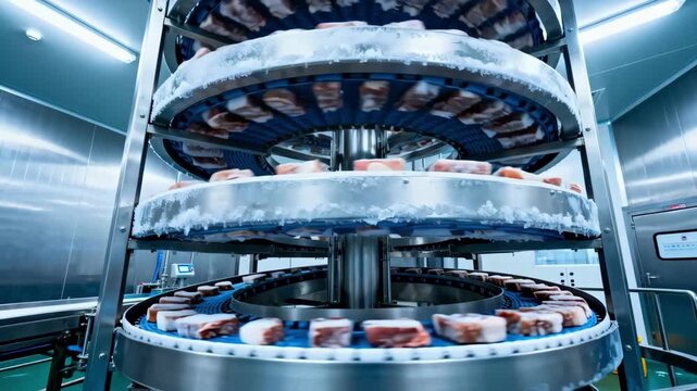Medium shot of a multitier spiral freezer in action emphasizing vertical storage capacity and effective utilization of manufacturing floor height.