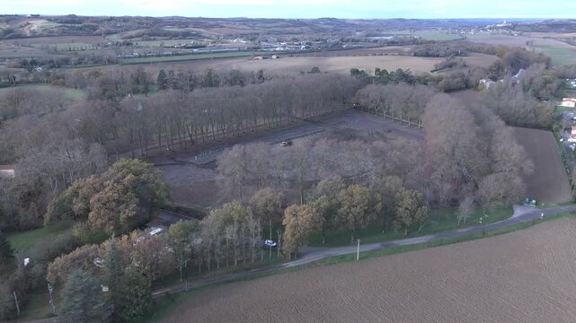  Aerial view of threshold of Naurouze
with autumn trees and countryside fields, France