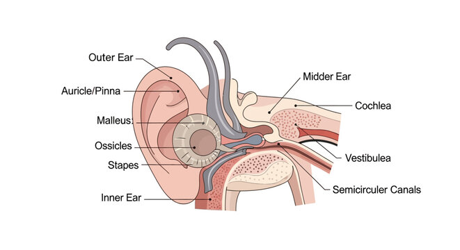 Detailed anatomical illustration of the human ear, showcasing its intricate structures from the outer ear to the inner ear, including the cochlea and semicircular canals