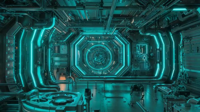Emitting pinpoint light, circular airlock forming energy orb in ship bay, suited figure observing