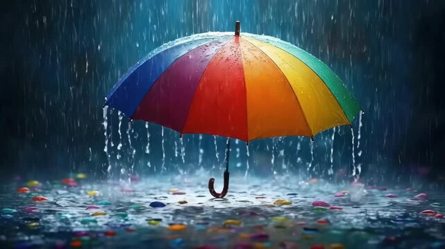 Vibrant multicolored umbrella in rain with colorful pebbles
