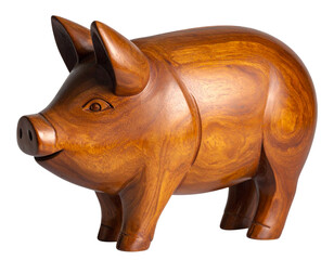 Side Angle View of Wooden Pig with Polished Finish, Minimalist Craft Style, Isolated on Transparent Background