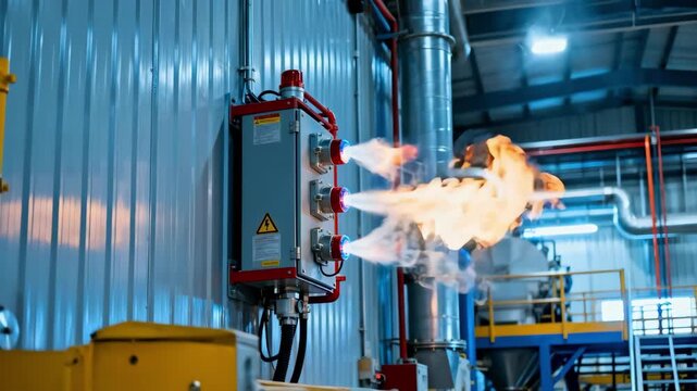 Medium shot depicting flameless explosion suppression device activating on factory wall showcasing advanced safety technology controlling dust explosion hazards.