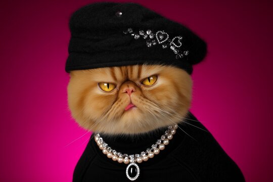 Gato ex&oacute;tico con boina de lujo y collar de perlas fondo magenta, Dise&ntilde;o de banner gato fashion para tienda de mascotas premium, Contenido editorial mascota fashionista con estilo glamuroso