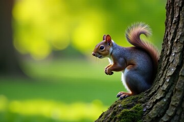 Grey squirrel perched on a tree branch in a city park, squirrel, outdoor, tail