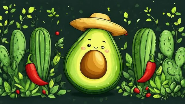 Cute happy avocado in straw hat surrounded by cacti and peppers. Cinco de Mayo, Battle of Puebla Day, Mexican Heritage Festival - Latin American Cultural Celebration