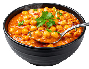 Angled Side Close-Up of Chana Masala with Ladle Partially Dipping, Isolated on Transparent Background