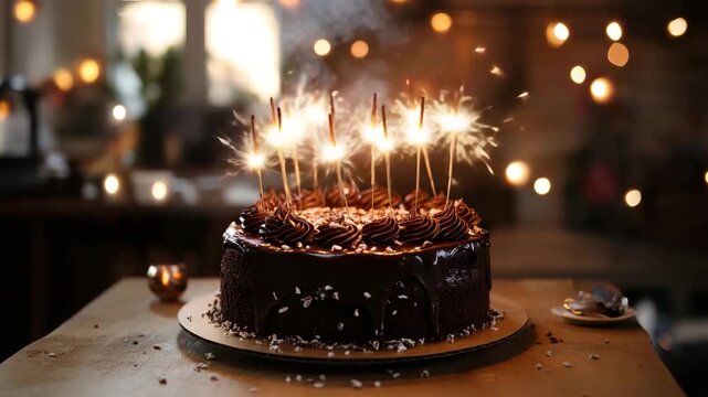 Chocolate birthday cake with tall lit sparklers
