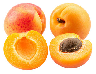 Apricot Half with Stone and Whole Fruit Behind, Angled Close-Up Composition, Isolated on Transparent Background