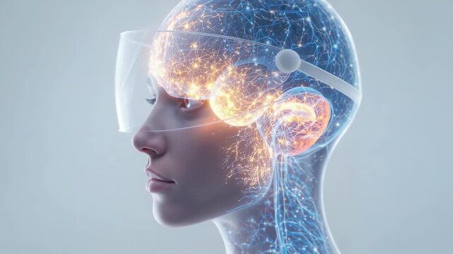 Headset starting signal, female CGI head showing brain activation with skull in lab, visor sensor