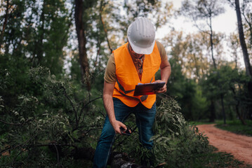 Obraz premium Forest engineer inspecting fallen tree after storm with clipboard and phone
