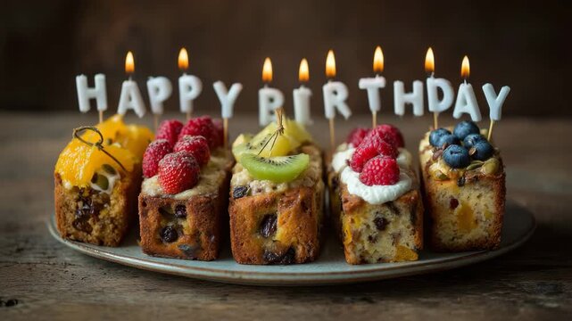 Mini birthday fruitcakes with happy birthday candles
