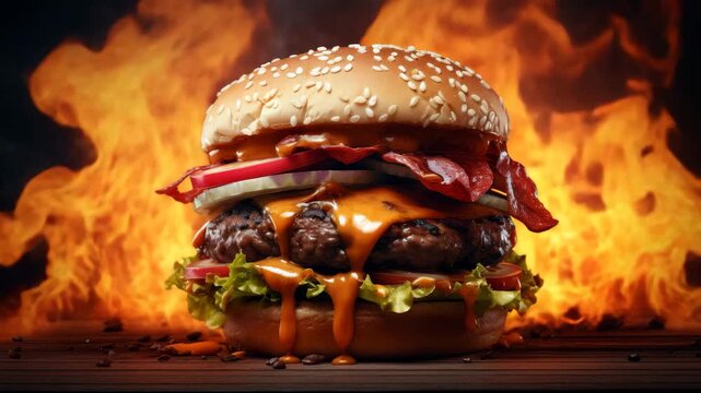 Spicy cheeseburger with flames in background