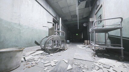 Dust settles on the cracked floor of a deserted hospital corridor, where an old wheelchair stands beside a hospital cart. The eerie silence speaks of lost stories and past lives once lived here.