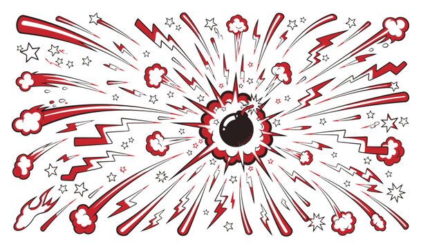 Dynamic explosion effects and comic book style bombs for action-packed designs. Hand drawn sketch doodle explosive element. Vector illustration.