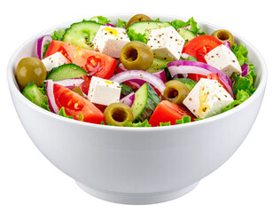  Fresh Greek Salad in White Ceramic Bowl, Front View, Isolated on Transparent Background