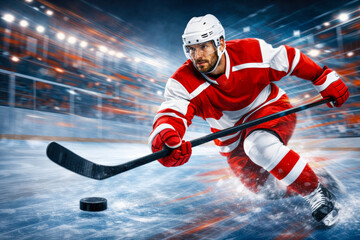Male ice hockey player wearing red on background with motion blur effect