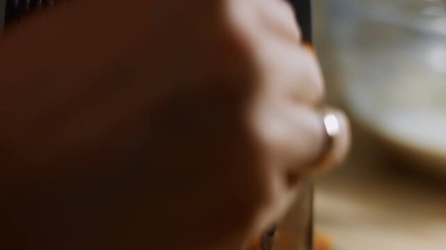 Macro view of female hand grating carrots on a grater