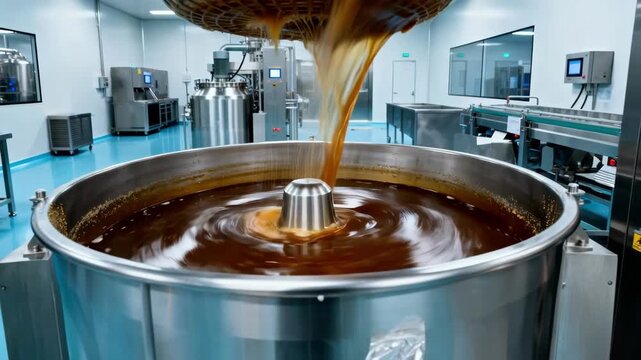 Medium shot of centrifuge baskets rushing to separate sugar and molasses with a sleek modern cleanroom environment highlighting advanced food processing techniques.