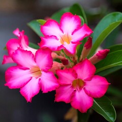 Close-up of three vibrant pink flowers with white edges,  on a plant with lush green leaves