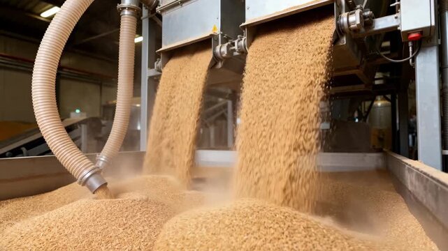 Medium shot of sideloading bulk malt system with flexible spouts capturing the process of dustmanaged malt filling from an alternative angle for operational insight.