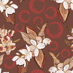 Colored Jasmine flowers with circles seamless pattern.