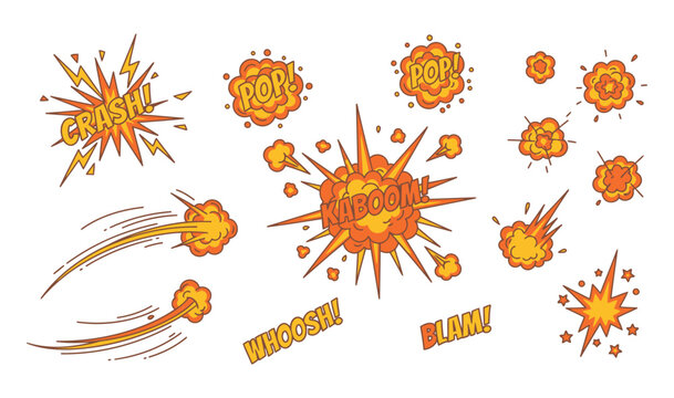 Dynamic explosion effects and comic book style bombs for action-packed designs. Hand drawn sketch doodle explosive element. Vector illustration.