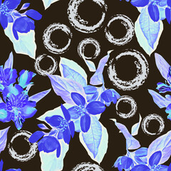 Colored Jasmine flowers with circles seamless pattern.