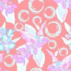 Colored Jasmine flowers with circles seamless pattern.