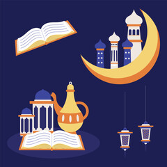 Islamic celebration elements with crescent moon, mosque, open book, traditional pot, and lanterns on a dark blue background.