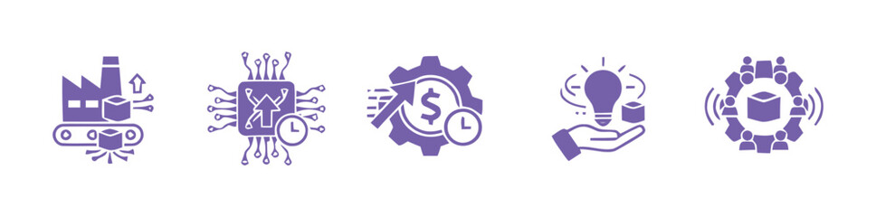 Factory icon set , industry and manufacturing symbol contains market, trend, report, insight, research, growth, risk, strategy, supply chain, demand, value chain, swot, competitor