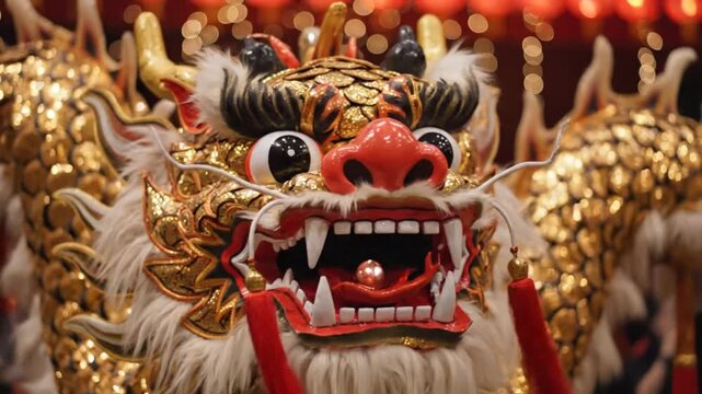 Golden dragon head with red snout, fierce teeth, white fur, shimmering scales, ornate eyes, magical