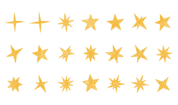 Gold chalk crayon doodle stars set. Shine and sparkle hand drawn drawing collection. Elements for children, packaging, branding, decoration projects