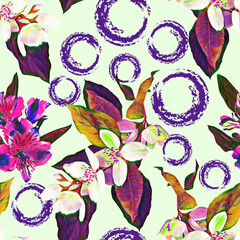 Colored Jasmine flowers with circles seamless pattern.