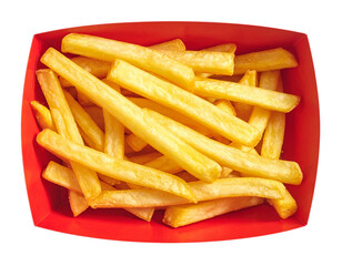 Top-Down View of Red French Fries Carton Packed with Golden Fries, Minimal Flat Lay Style, Isolated on Transparent Background