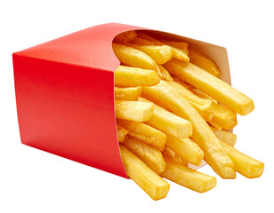 Overflowing Red Fries Carton with Fries Spilling Out, Dynamic Close-Up Angle, Isolated on Transparent Background