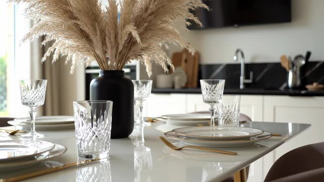 Elegant dining table setting with crystal glassware and pampas