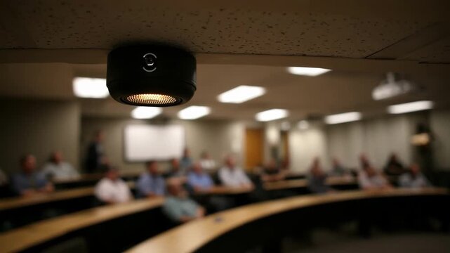 Medium shot featuring lighting control sensor attached to a lecture hall ceiling with the audience and lecturer softly blurred to highlight smart classroom tech.