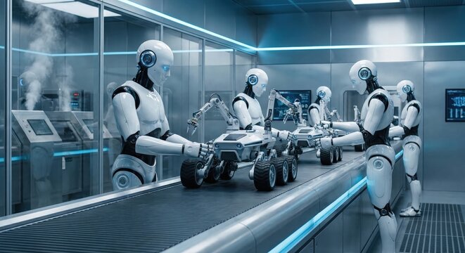 Humanoid robots assembling robotic rovers on a futuristic factory production line