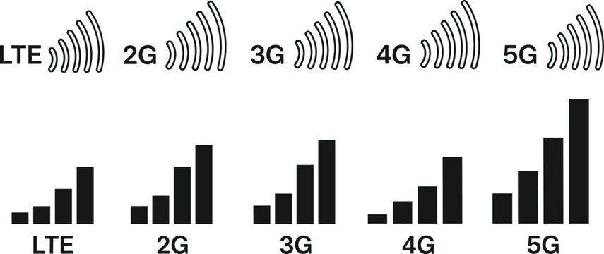 Mobile network signal strength indicators for LTE2G3G4G5G with bar graphs vector illustration