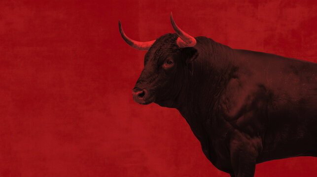 Toro bravo imponente fondo rojo textura cuernos rojizos, Dise&ntilde;o exclusivo de toro fuerza y pasi&oacute;n arte moderno, S&iacute;mbolo de coraje espa&ntilde;ol fondo oscuro animal poderoso historia