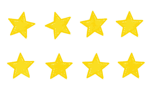 Gold chalk crayon doodle stars set. Shine and sparkle hand drawn drawing collection. Elements for children, packaging, branding, decoration projects