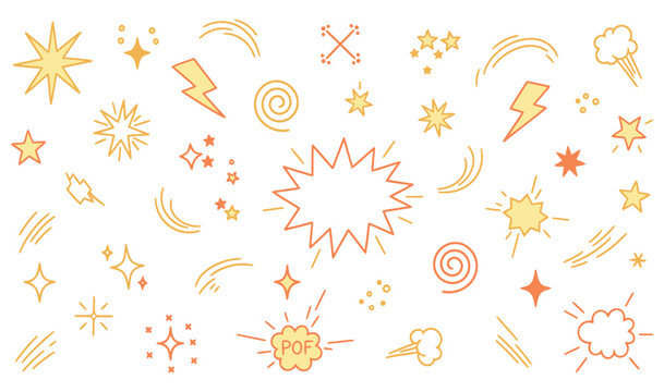 Explosive surprise comic line golden effect set. Hand drawn doodle cartoon speed effect, gold explosive burst action elements.
