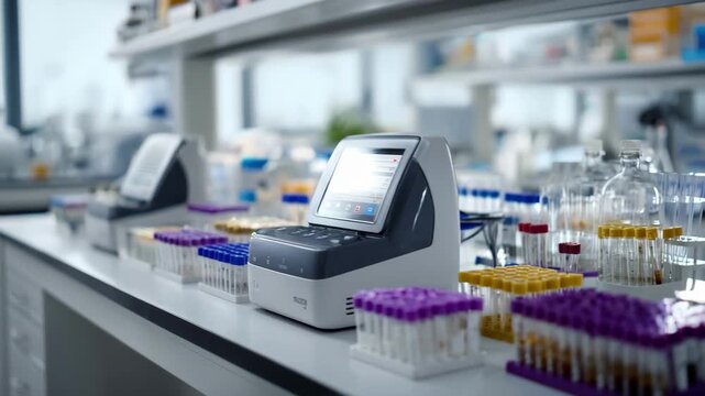 Medium shot of a compact inhouse laboratory workspace featuring neat benches analyzers and labeled specimen racks with a softly blurred background for depth.