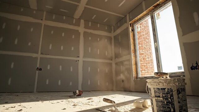 Renovation site with drywall and construction materials