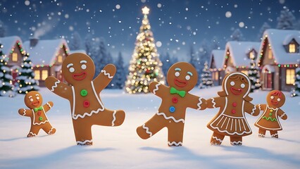 Gingerbread Men Dancing in Snowy Village.