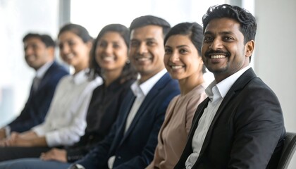 Fototapeta premium Group of business professionals sitting in row smiling confidently in corporate environment