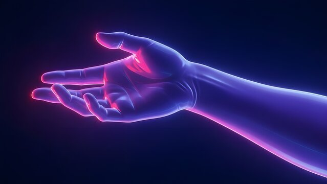 Glowing hand with neon effect in dark background